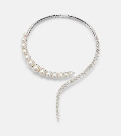 Yeprem Pearlescent 18kt White Gold Necklace With Diamonds And Pearls In Silver