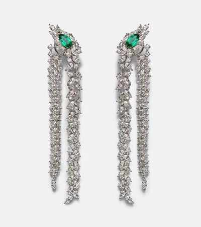 Yeprem Reign Supreme 18kt White Gold Drop Earrings With Diamonds And Emeralds In Silver