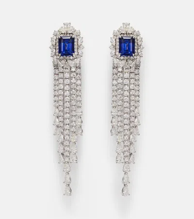 Yeprem Reign Supreme 18kt White Gold Drop Earrings With Diamonds And Sapphires In Silver