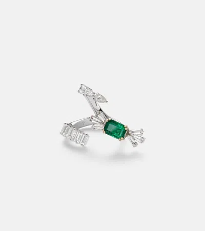 Yeprem Reign Supreme 18kt White Gold Ring With Diamonds And Emerald In Brown