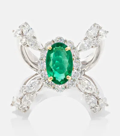 Yeprem Reign Supreme 18kt White Gold Ring With Diamonds And Emeralds In Multicoloured