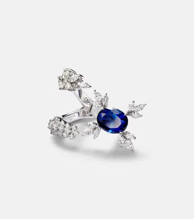 Yeprem Reign Supreme 18kt White Gold Ring With Diamonds And Sapphire In Metallic
