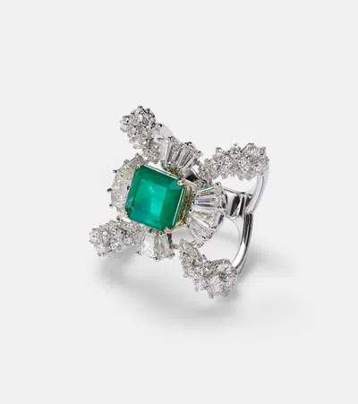 Yeprem Reign Supreme 18kt White Gold Ring With Emerald And Diamonds
