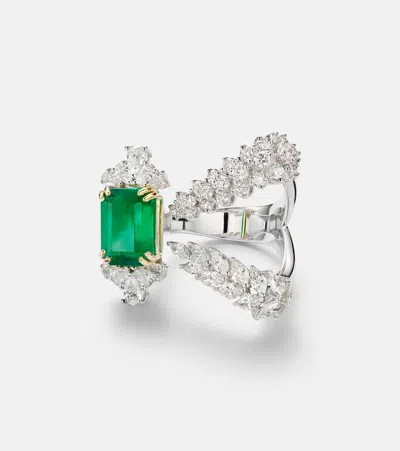 Yeprem Reign Supreme 18kt White Gold Ring With Emerald And Diamonds In Silver