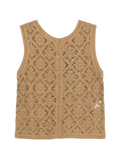 Yerse Floral Crochet Cardigan In Brown