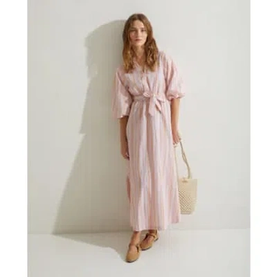 Yerse Puffed Sleeves Pink Striped Belt Dress