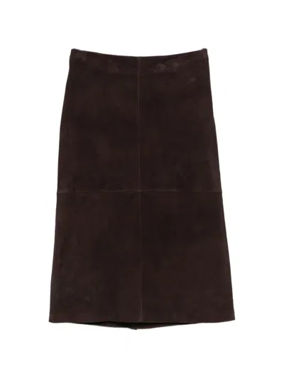 Yerse Suede Leather Midi Skirt In Brown