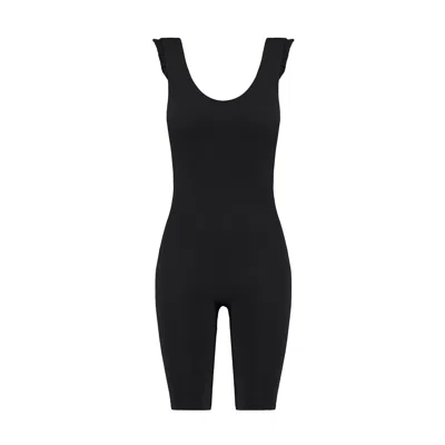 Yes Flâneuse Women's Carla Biker Length Jumpsuit With Shoulder Ruffles Black Beauty