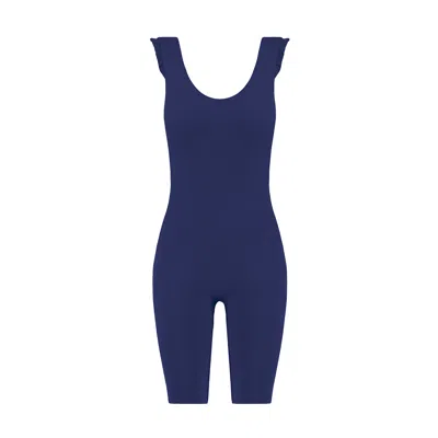 Yes Flâneuse Women's Carla Biker Length Jumpsuit With Shoulder Ruffles Medival Blue