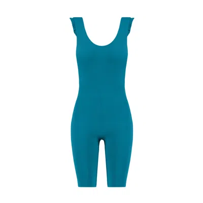 Yes Flâneuse Women's Carla Biker Length Jumpsuit With Shoulder Ruffles Mosaic Blue