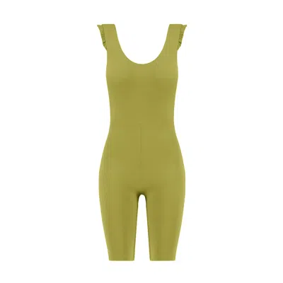 Yes Flâneuse Women's Gold / Green Carla Biker Length Jumpsuit With Shoulder Ruffles Golden Lime In Gold/green