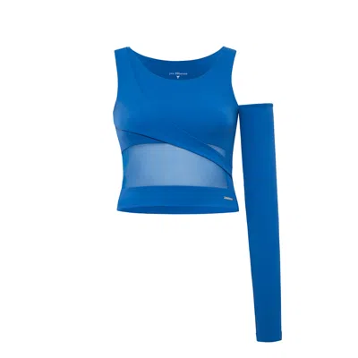 Yes Flâneuse Women's Green Geo One-sleeve Crop Top With Mesh Panel Classic Blue