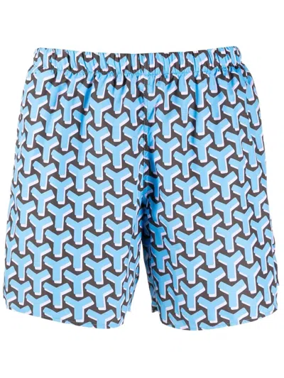 Yes I Am Geometric-print Swim Trunks In Blue