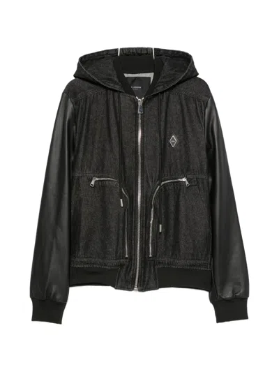 Yes London Contrast-sleeve Hooded Denim Jacket In Black