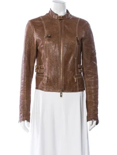 Pre-owned Yes London Leather Biker Jacket In Brown