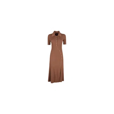 Yes Zee Elegant Rib Knit Long Dress With Classic Women's Collar In Brown