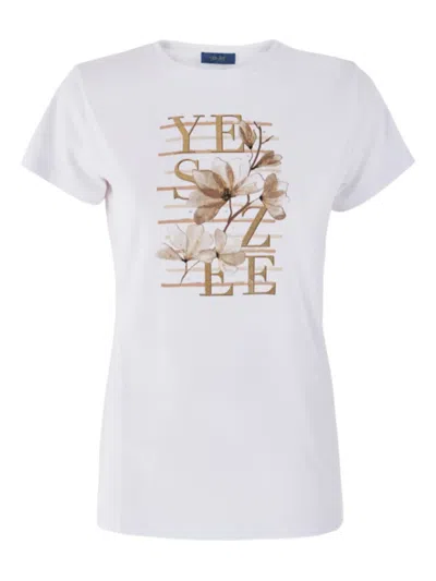 Yes Zee Kids' Floral-print Gold-lettering T-shirt In White