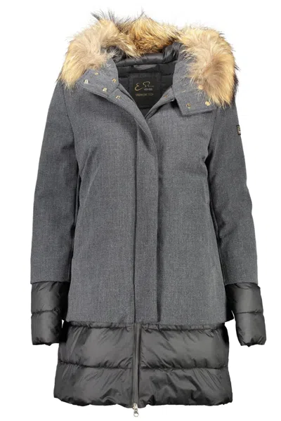 Yes Zee Elegant Long-sleeve Down Jacket With Removable Fur Women's Hood In Grey