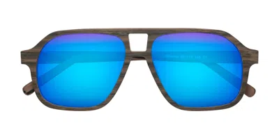 Yesglasses Burnt Tan Woodgrain Grandpa Wood Aviator Mirrored Sunglasses In Burnt Tan Woodgrain,blue