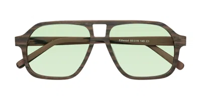 Yesglasses Burnt Tan Woodgrain Grandpa Wood Aviator Tinted Sunglasses In Burnt Tan Woodgrain,light Green