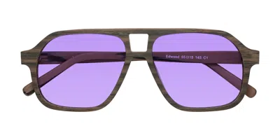 Yesglasses Burnt Tan Woodgrain Grandpa Wood Aviator Tinted Sunglasses In Burnt Tan Woodgrain,medium Purple