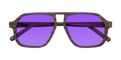 Yesglasses Burnt Tan Woodgrain Grandpa Wood Aviator Tinted Sunglasses In Burnt Tan Woodgrain,purple
