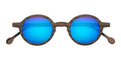 Yesglasses Burnt Tan Woodgrain Retro-vintage Wood Round Mirrored Sunglasses In Burnt Tan Woodgrain,blue