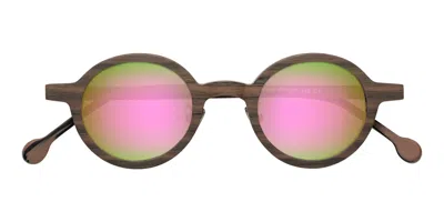 Yesglasses Burnt Tan Woodgrain Retro-vintage Wood Round Mirrored Sunglasses In Burnt Tan Woodgrain,pink