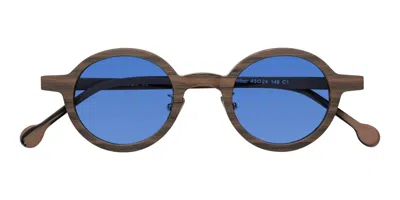 Yesglasses Burnt Tan Woodgrain Retro-vintage Wood Round Tinted Sunglasses In Burnt Tan Woodgrain,blue