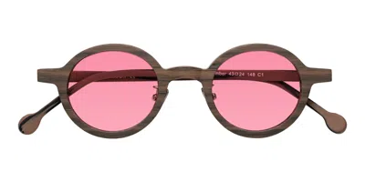 Yesglasses Burnt Tan Woodgrain Retro-vintage Wood Round Tinted Sunglasses In Burnt Tan Woodgrain,pink
