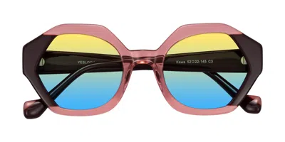 Yesglasses Ruby/maroon Geek-chic Round Geometric Gradient Sunglasses In Ruby,maroon,yellow,blue