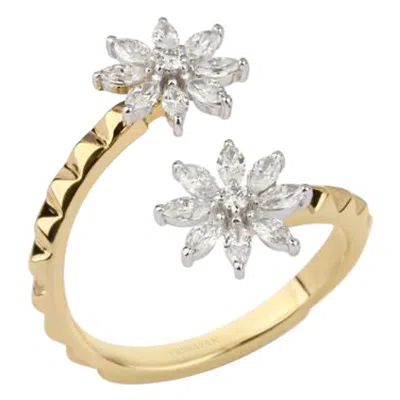 Pre-owned Yessayan Floral Diamond Studded Ring In 18k Yellow Gold