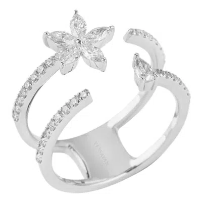 Pre-owned Yessayan Floral Double Band Diamond Ring In 18k White Gold