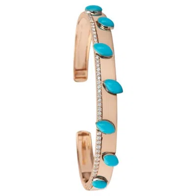 Pre-owned Yessayan Turquoise Yellow Gold & 0.42 Cts Diamond Cuff Bracelet, Small