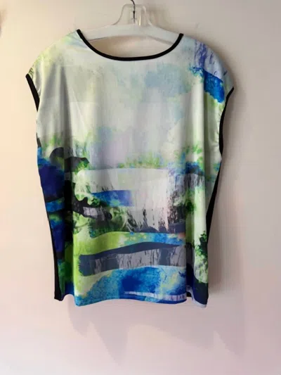 Yest Women's Watercolor Print Top With Keyhole Back In Royal, Green, White, Black In Blue