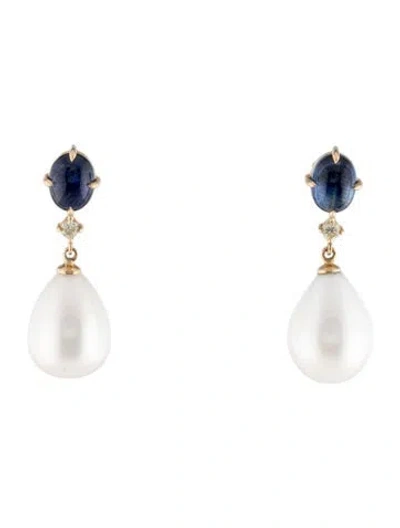 Pre-owned Yi Collection 18k Pearl, Sapphire, & Diamond Drop Earrings In Multi