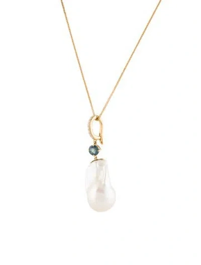Pre-owned Yi Collection 18k Pearl, Sapphire & Diamond Pendant Necklace, 17.5" In Multi