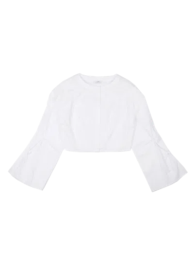 Yibri Cropped White Blouse With Crochet Flower And Smocked Bell Sleeves