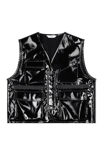 Yibri Glossy Linen Coated Utility Vest In Black