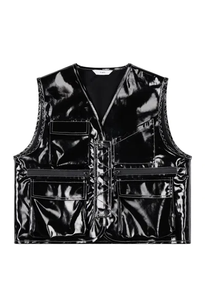 Yibri Women's Black Glossy Linen Coated Utility Vest
