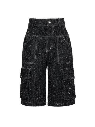 Yibri Women's Blue Enzyme-washed Black Denim Cargo Shorts