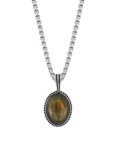 Yield Of Men Men's Rhodium Plated Sterling Silver & Labradorite Oval Pendant Necklace