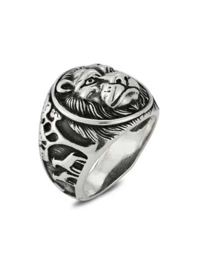 Yield Of Men Men's Rhodium Plated Sterling Silver Oxidized Lion Signet Ring