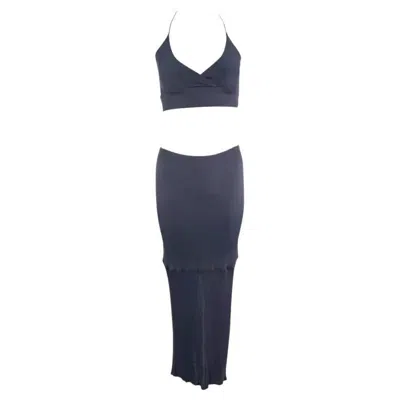 Pre-owned Yigal Azrouël 1990s  Grey Blue Stretch Halter Neck Bodycon Crop Top Skirt Set In Gray
