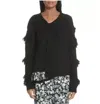 Yigal Azrouël Cold Shoulder Fringe Mixed Media Sweater In Black/white In Multi