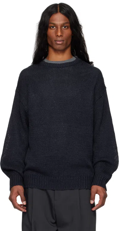Ylève Navy European Linen Silk Basque Knit Jumper In 120 Navy