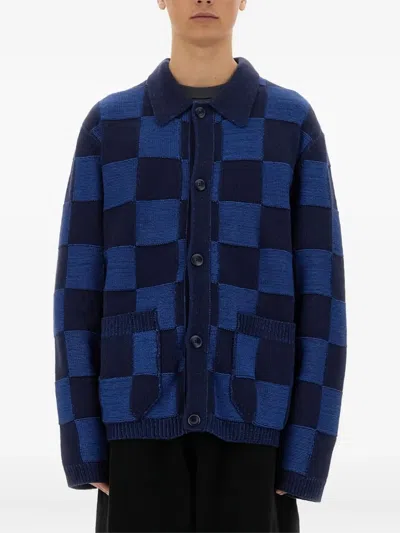 Ymc You Must Create Baker Check Pattern Knitted Cardigan In Blue
