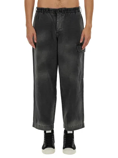 Ymc You Must Create Washed Black Cotton-blend Cropped Wide-leg Pants