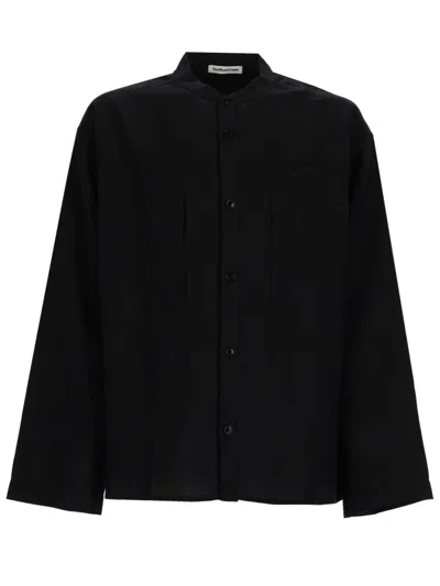 Ymc You Must Create Neutrals Hawkeye Boxy Mandarin Collar Cotton-linen Shirt In Black