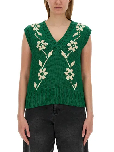 Ymc You Must Create Ymc Heidi Floral-intarsia Cotton Vest In Green